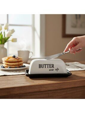 Butter Dish With "Butter Me Up" Text - Ceramic Black & White Lid & Tray